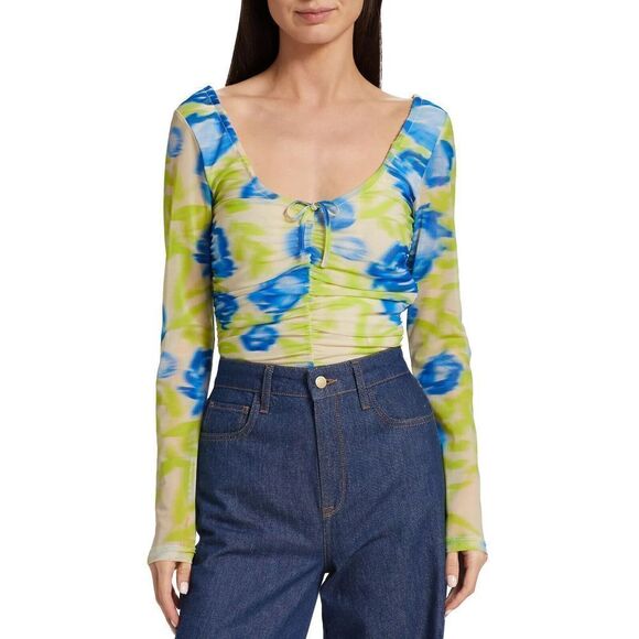 Ganni  Floral Mesh Scoop-Neck Top Blouse Ruched  40 US 8 - Picture 4 of 5